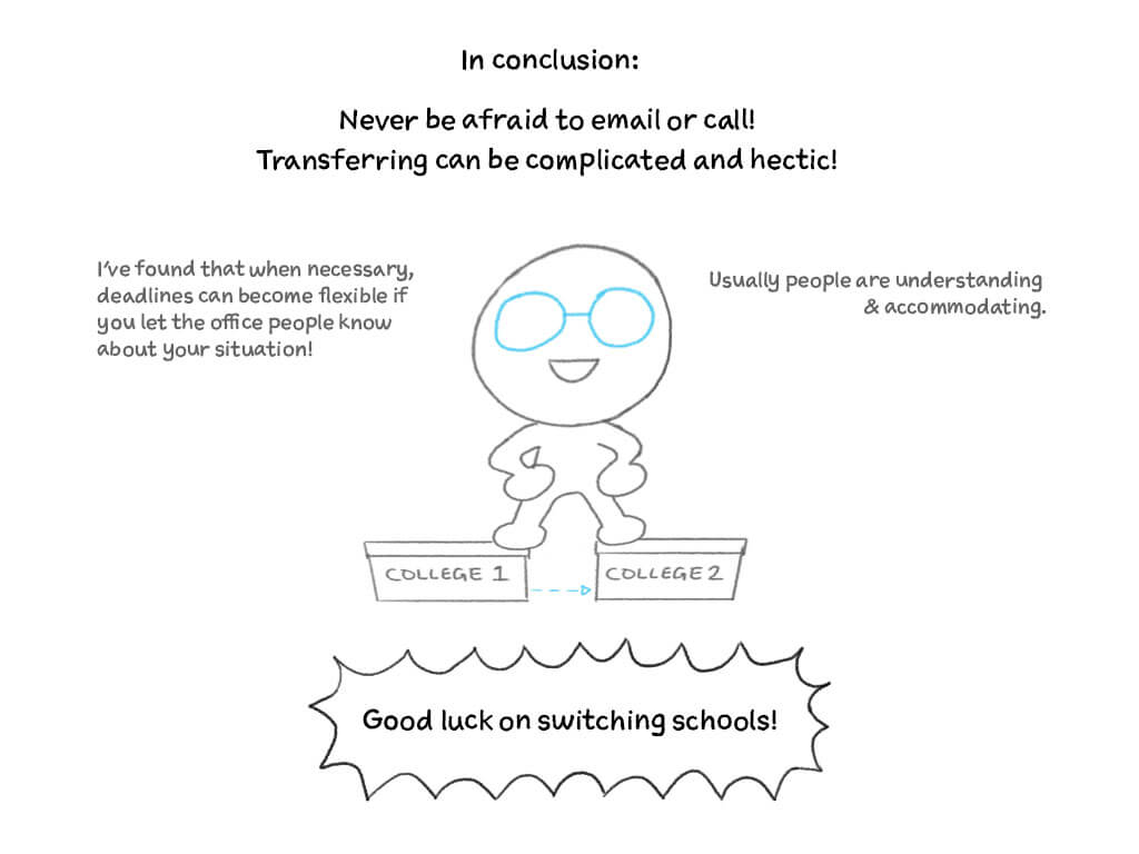 In conclusion: Never be afraid to email or call! Transferring can be complicated and hectic! Good luck on switching schools!